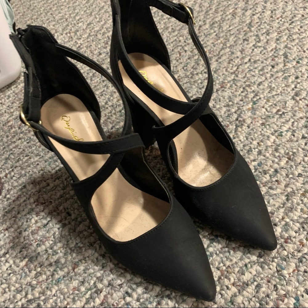 Black strappy pointed toe heels